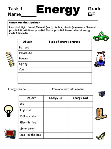 Energy Transfers Worksheet Task 1 | PDF