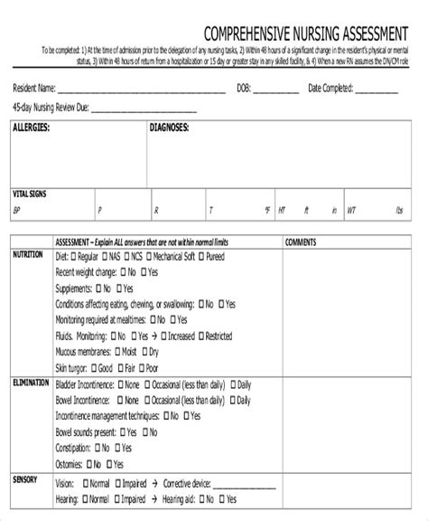 Printable Nursing Assessment Forms