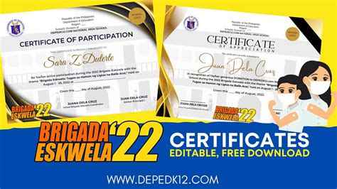 BRIGADA ESKWELA 2022 "EDITABLE" CERTIFICATES FOR VOLUNTEERS AND DONORS ...