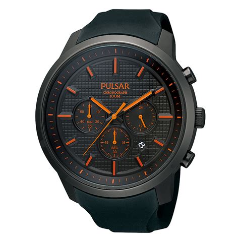 Pulsar Men's Chronograph Black Strap Black Dial Watch Red Highlights