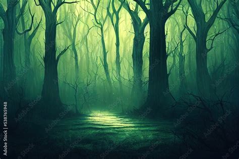 Realistic haunted forest creepy landscape at night. Fantasy Halloween ...