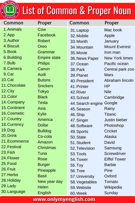 60 List of Common Noun and Proper Noun » Onlymyenglish.com