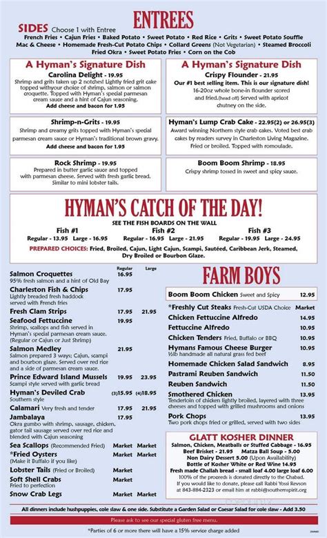 Menu of Hyman's Seafood in Charleston, SC 29401