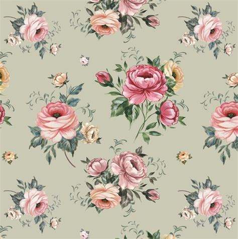 Floral Wallpaper with Pink Flowers and Green Leaves