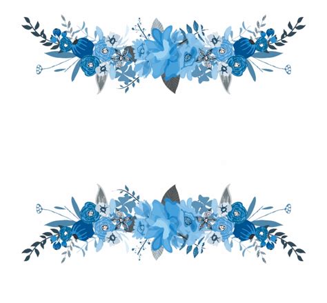 two blue flowers and leaves are on the same side of a white background ...