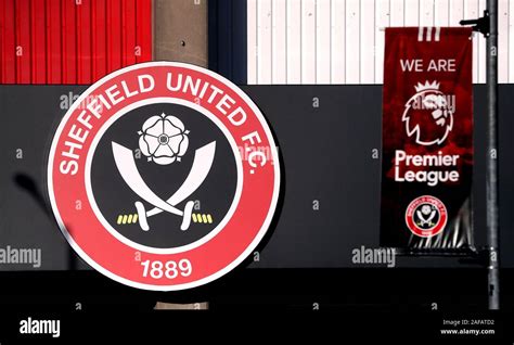 A Sheffield United club badge and Premier League banner before the ...