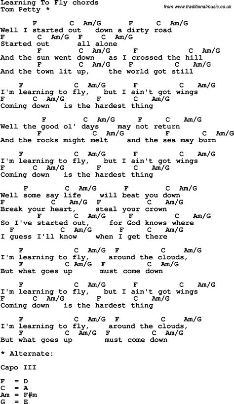 Song lyrics with guitar chords for Learning To Fly - Tom Petty