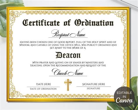 Deacon Ordination Certificate Template, Printable Certificate of ...