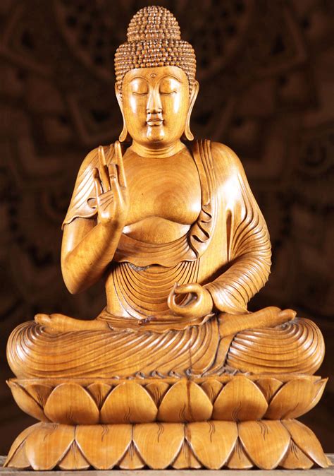 Wood Teaching Buddha on Beautiful Lotus 14.5" (#1rw1): Lotus Sculpture