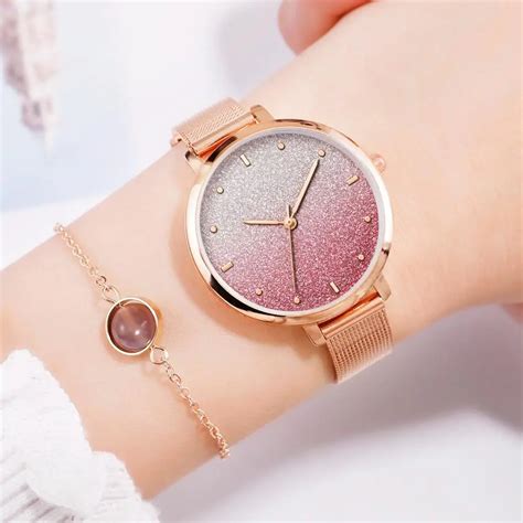 Women's Watches Pink Dial Retro Gradient Rainbow Leather Watch Casual ...