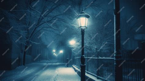 Premium AI Image | A snowy street with a street lamp in the snow