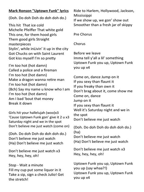 Uptown Mark Ronson Uptown Funk Lyrics | PDF