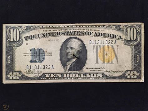 Old Vintage 1934A Ten Dollar Bill $10 Silver Certificate Yellow Seal ...