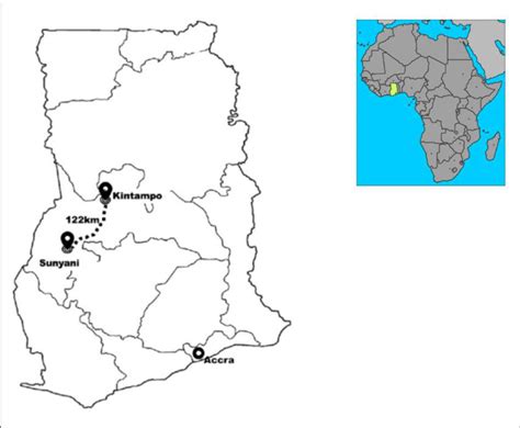 | Map of Ghana showing the two study sites, Sunyani and Kintampo ...