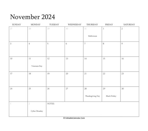 Editable Calendar November 2024