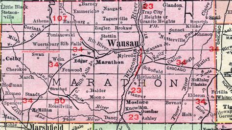 Marathon County, Wisconsin, map, 1912, Wausau, Mosinee, Rothschild ...