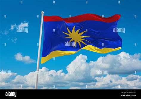 flag of Daco-Romance peoples Serbian Vlachs at cloudy sky background ...