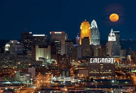 The Downtown Cincinnati Skyline at Twilight with a rising Super Moon. # ...