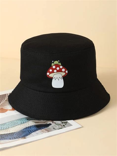 Mushroom & Frog Pattern Bucket Hat | Bucket hat, Black bucket, Hats