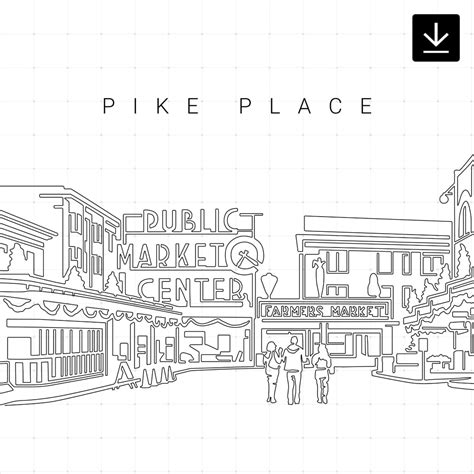 Pike Place Public Market Vector Art - Digital Download - EverLineArt