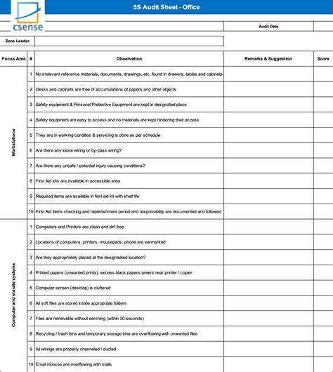 5S Audit Checklist Template