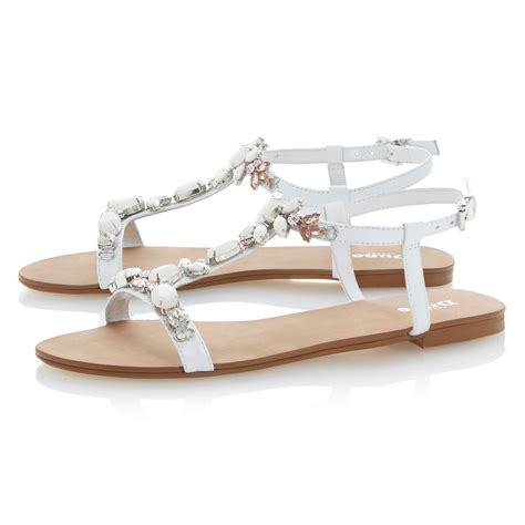 Dune Khloe T-bar Embellished Leather Strappy Flat Sandals in White | Lyst