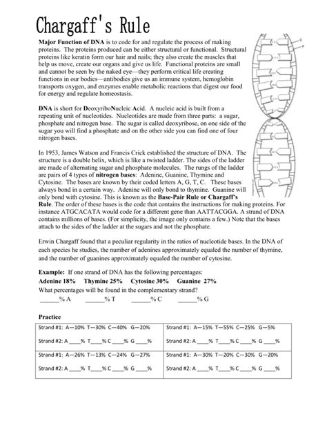 Chargaff's Rule Major Function of DNA is to code for and regulate