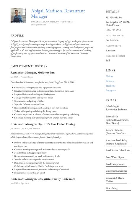 Restaurant Manager Resume Example | Restaurant management, Manager ...