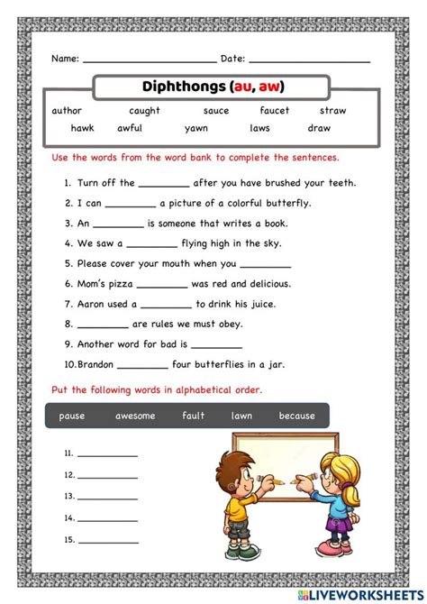 Diphthongs (au and aw) worksheet | Phonics worksheets, Phonics ...