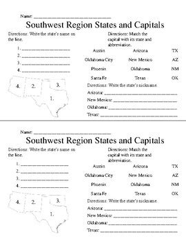 Southwest Region States and Capitals Test by Haley Madden | TPT