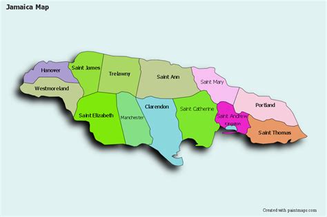 a map of jamaica with all the states and their capital cities in bright ...