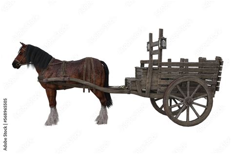 Brown horse pulling an old medieval wooden cart. 3D rendering isolated ...