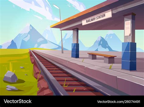 Railway station mountains empty railroad platform Vector Image