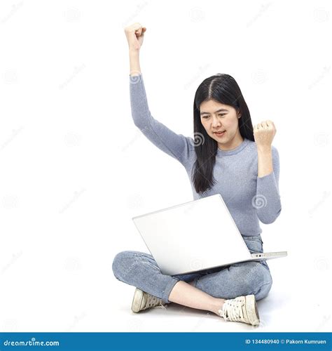 Woman Sitting Floor Holding Laptop Stock Photo - Image of laptop, adult ...