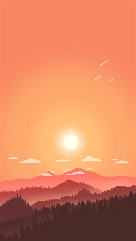 Sunset, bonito, cartoon, forest, iphone, mountains, nature, sun, trees ...