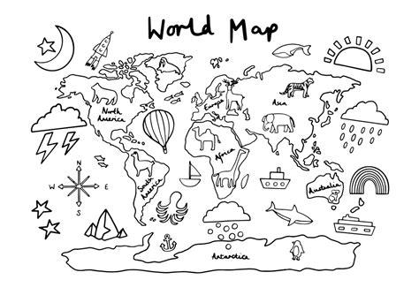 Printable World Map 7 Continents Sketch Coloring Page