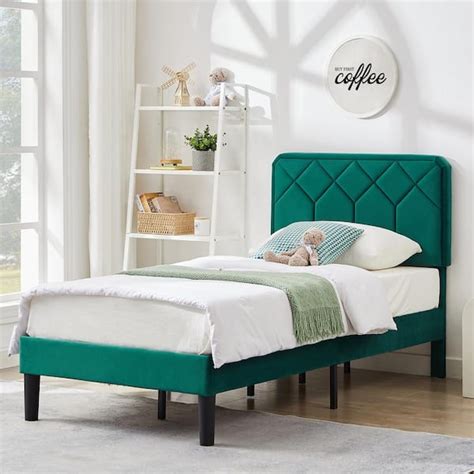 VECELO Bed Frame with Upholstered Headboard, Green Metal Frame Twin ...