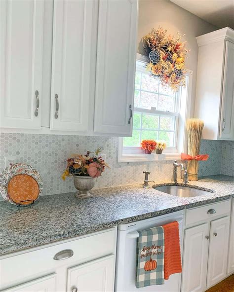 Gray Honeycomb Backsplash with Granite Countertops in Harvest Adorned ...