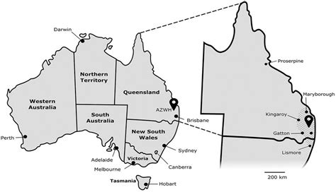 Location of Australia Zoo Wildlife Hospital (AZWH). Map of Australian ...