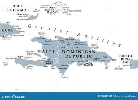 Hispaniola and Surroundings, Caribbean Islands, Gray Political Map ...