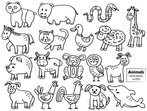 Wild animals cartoon jungle, farm and sea creatures set. Black and ...