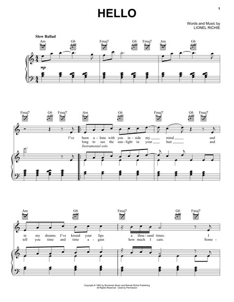 Lionel Richie Hello sheet music notes, chords for Piano. Transpose ...