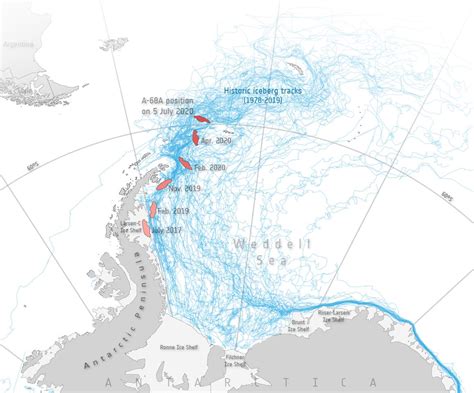 Satellites show huge Antarctic iceberg drifted 1,000 km in three years