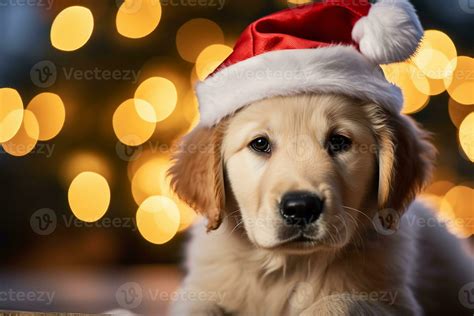 A golden retriever puppy with a Santa hat with a softly blurred ...