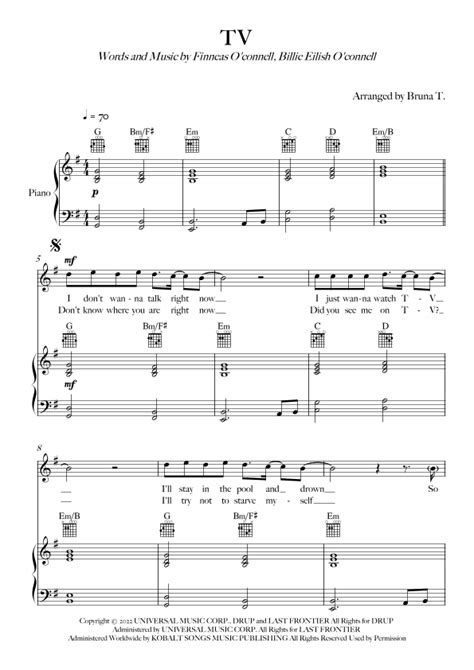 Tv (arr. Bruna T.) by Billie Eilish Sheet Music for Piano, Vocal ...