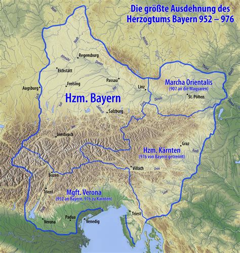 The duchy of Bavaria at its greatest extend from 952 to 976 | Bavaria ...