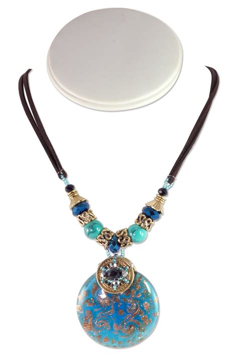 Murano Style Glass Pendant Necklace Round 16" Aqua/Copper (1-Pc)