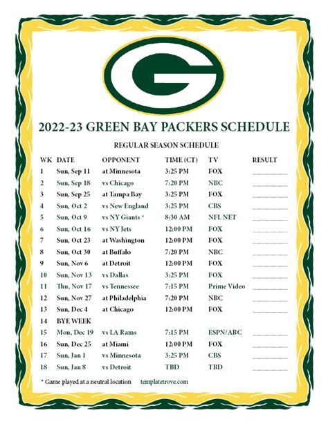 Printable 2022-2023 Green Bay Packers Schedule