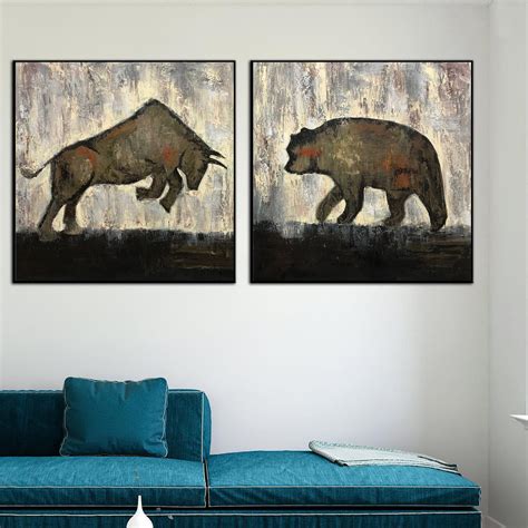 Original Set of 2 Paintings Bull and Bear Painting on Canvas Abstract ...