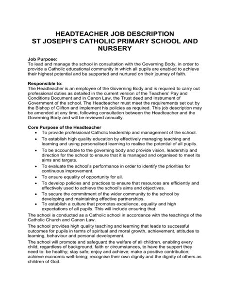 headteacher job description st joseph`s catholic primary